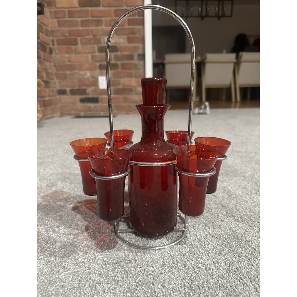 Red RUBY GLASS Chrome Barware Decanter Shot Glass MCM Mid Century Goth Christmas